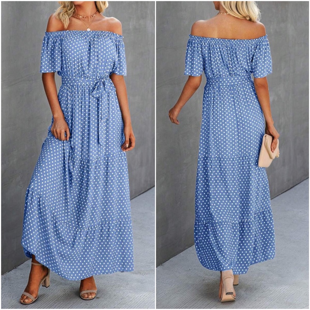 Off Shoulder Polka Dot Butterfly Sleeve Belted Maxi Dress - Picture 5 of 6